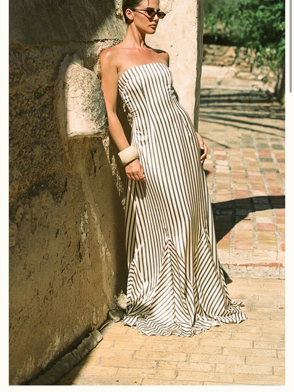 PrettyLittleThing Ivory and Black Striped Strapless Maxi Dress